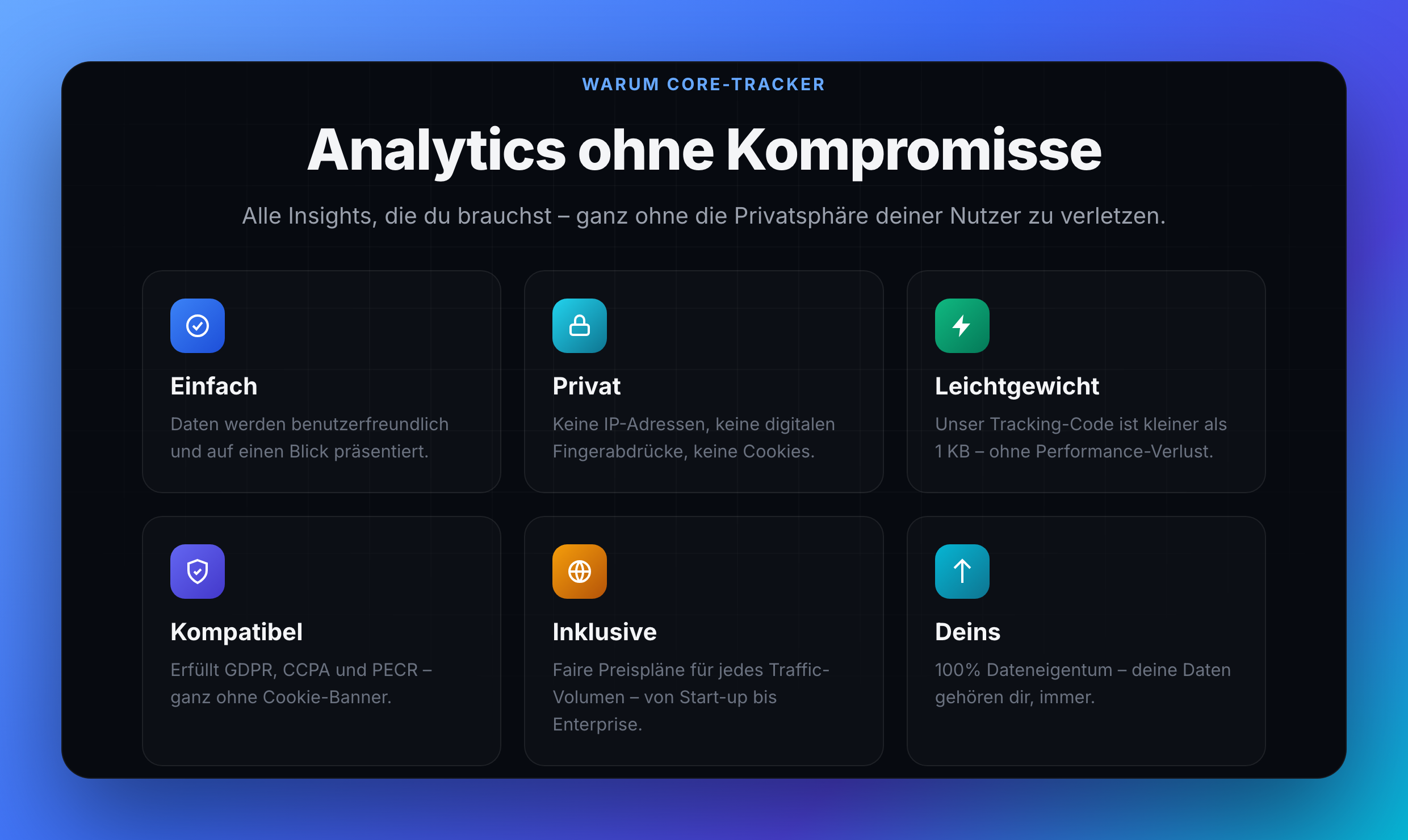 Core-Tracker Funktionen – einfach, privat, leichtgewichtig, GDPR-konform