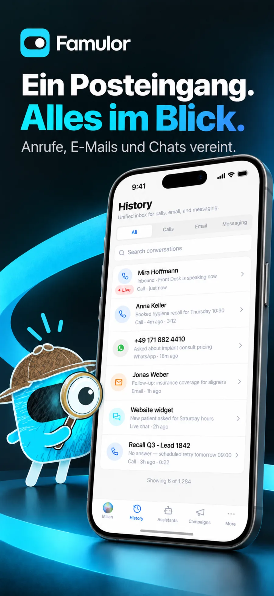 Famulor Verlauf für Anrufe, E-Mails und Chats