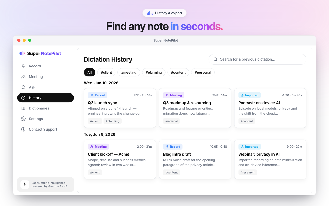 Super NotePilot durchsuchbare Notiz- und Meeting-Historie