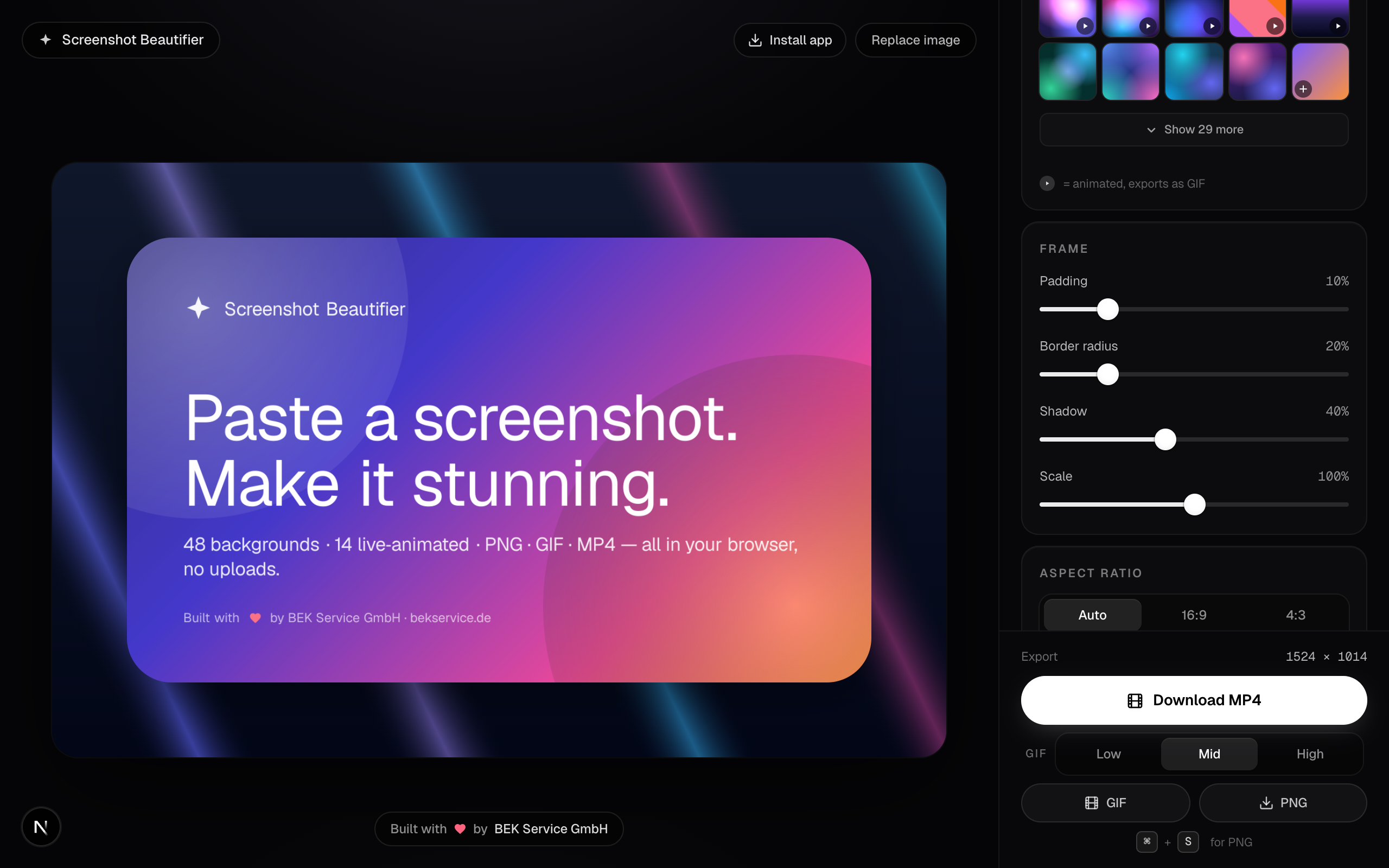 Screenshot Beautifier Apple-Style Controls für Frame und Export